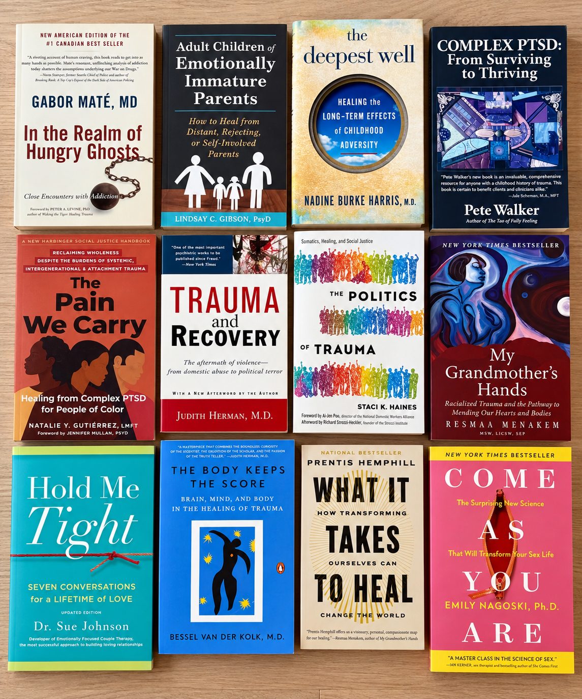 Twelve well-read books on trauma, attachment, and healing laid out on a wood floor.